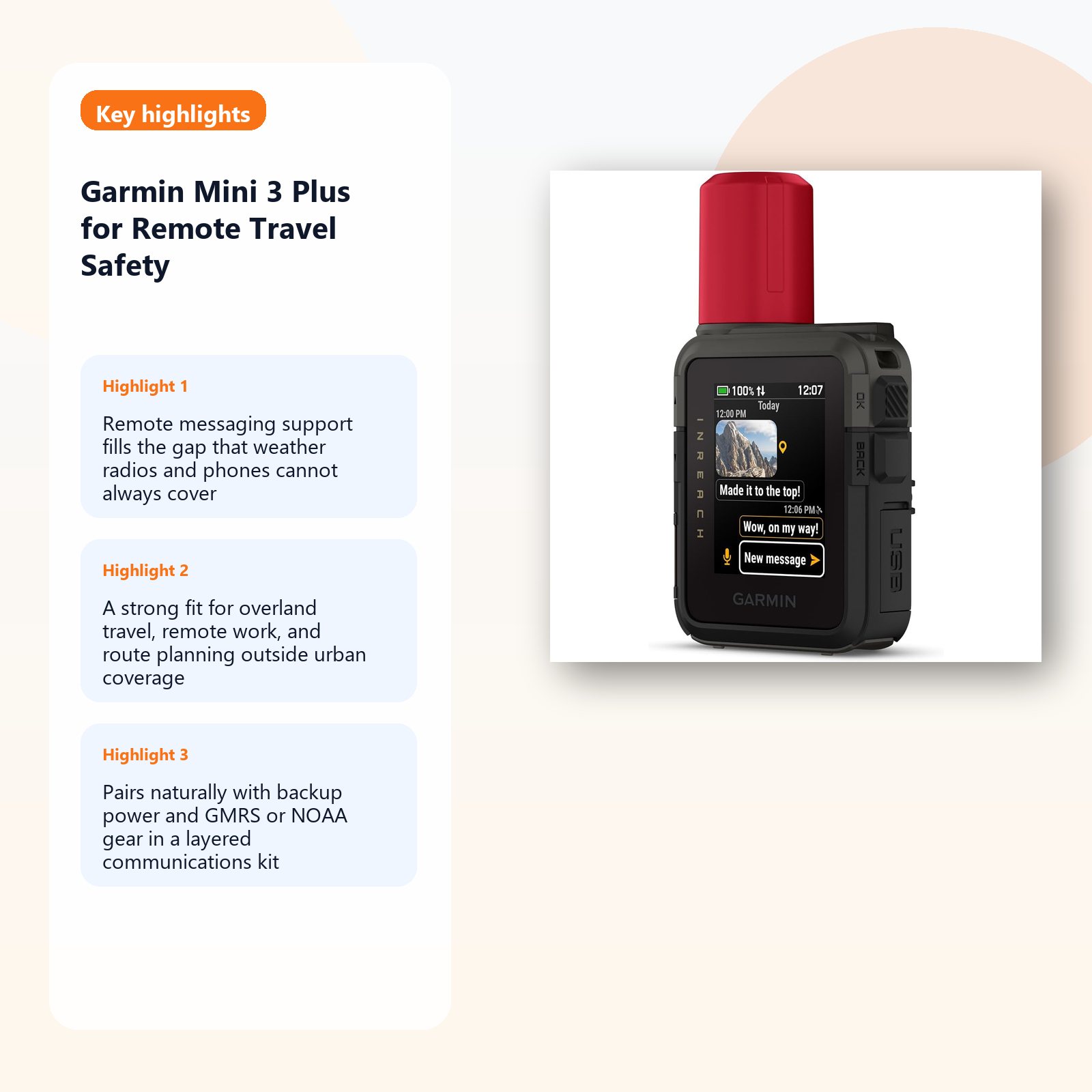 satellite communicator for remote travel safety and backup messaging detail panel