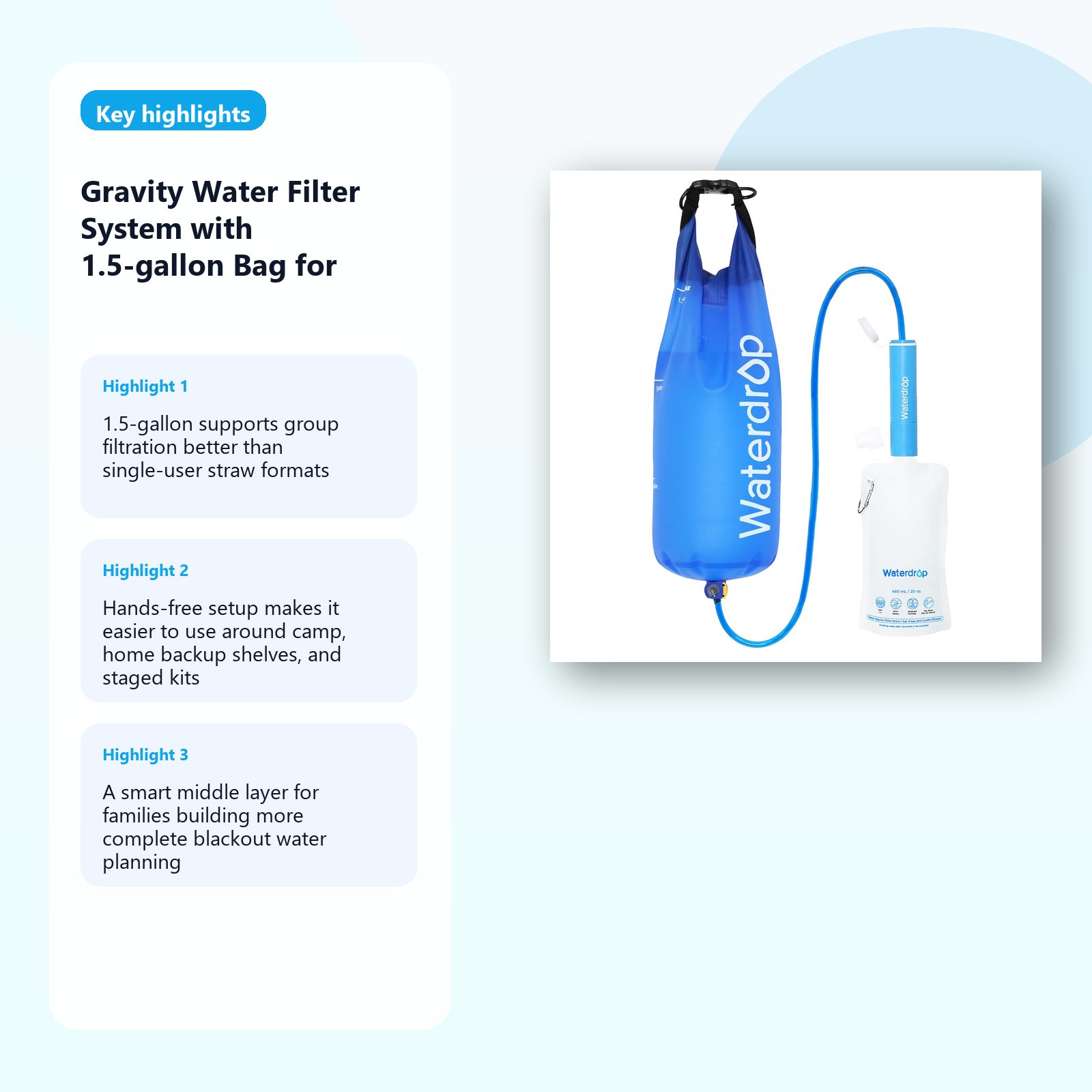 gravity water filter system for home and field backup detail panel