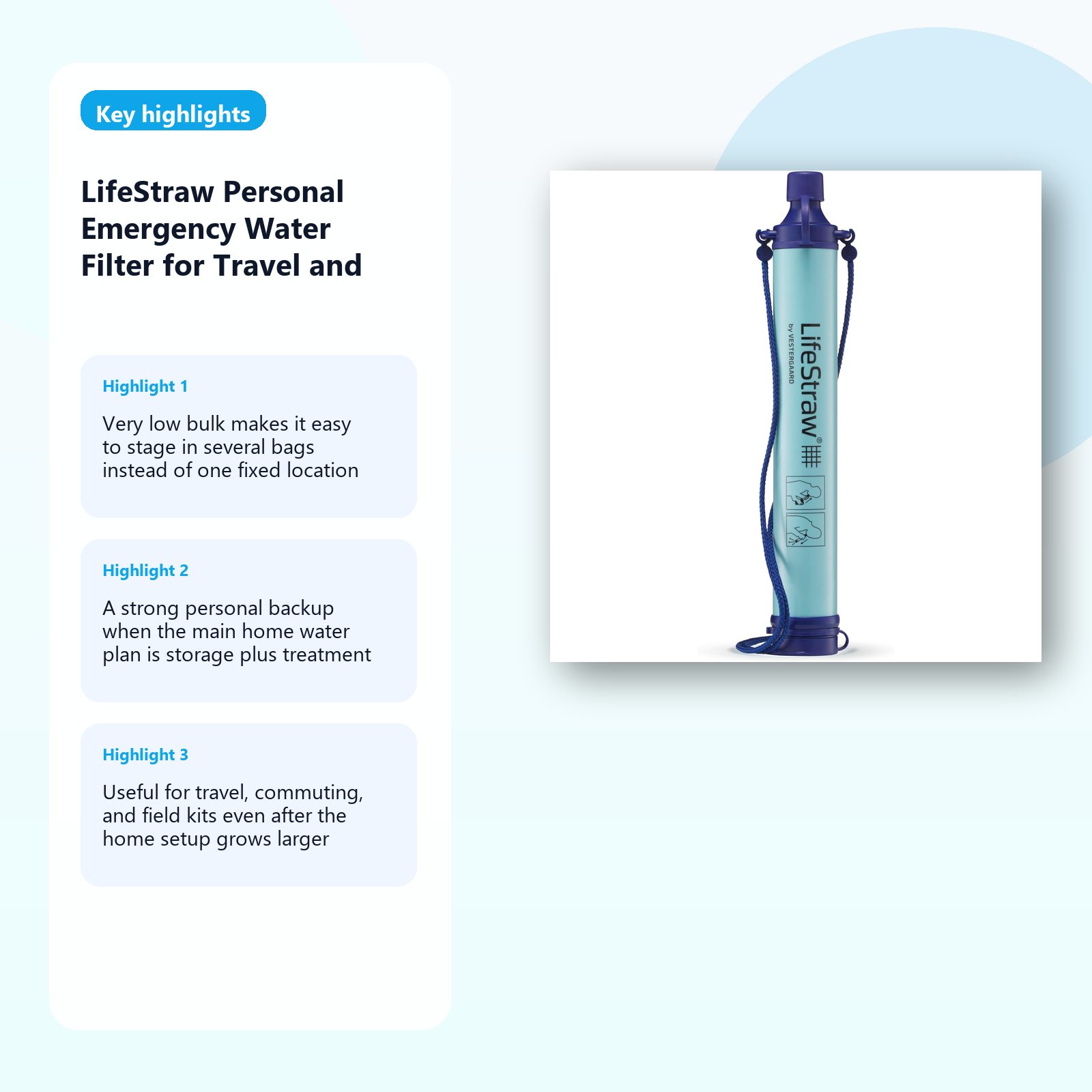 personal emergency water filter for travel and 72 hour kits detail panel