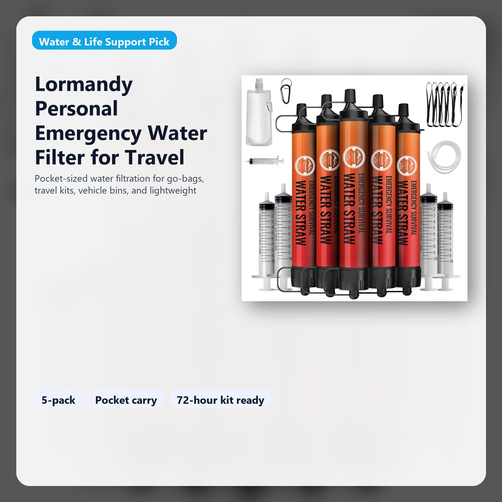 Personal emergency water filter for portable water treatment and emergency preparedness
