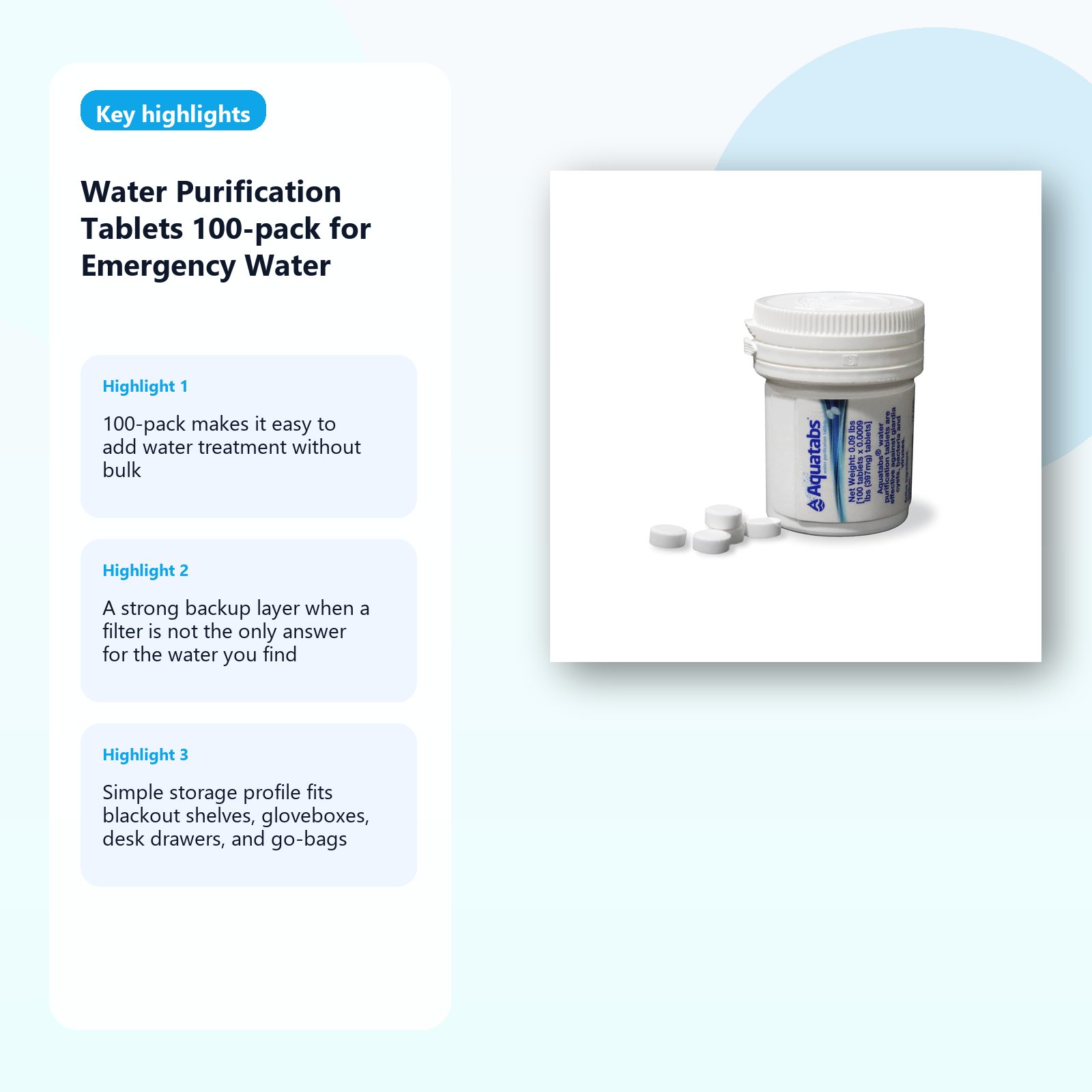water purification tablets for emergency water treatment and backup storage detail panel