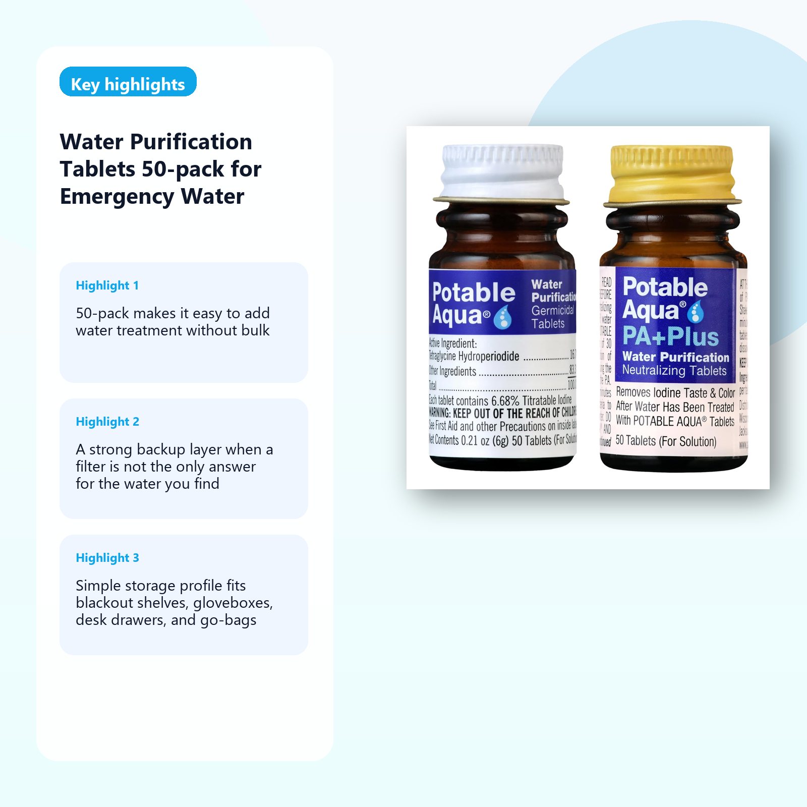 water purification tablets for emergency water treatment and backup storage detail panel