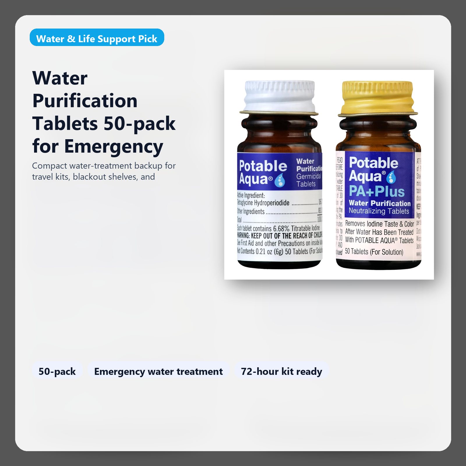 water purification tablets for emergency water treatment and backup storage hero