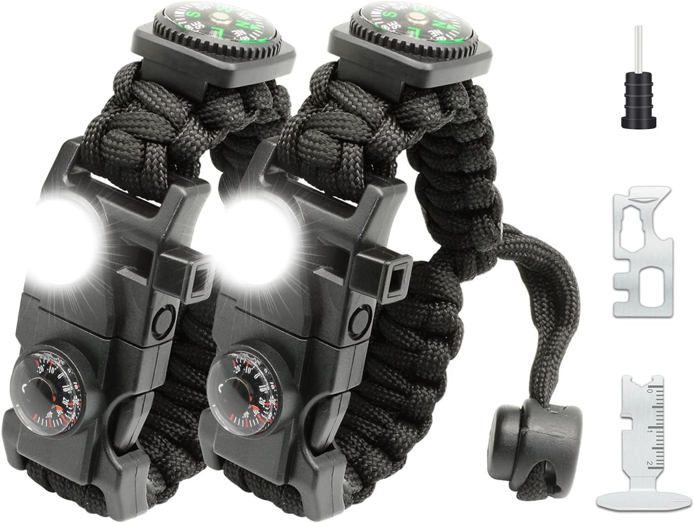 Quintessentialz 6-in-1 Paracord Survival Bracelet 2-Pack with Bottle Opener, Compass & Fire Starter